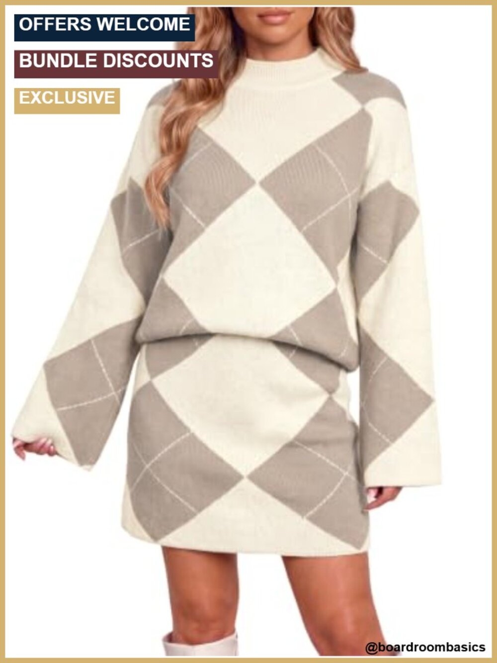 Womens 2 Piece Outfits Argyle Knit Sweater and Skirt Set Mock Neck Long Sleeve